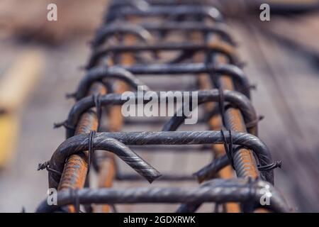 Steel reinforcement bars. Construction rebar steel work reinforcement. Closeup of Steel rebars. Stock Photo