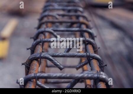 Construction rebar steel work reinforcement. Closeup of Steel rebars. Reinforcement steel rod. Stock Photo