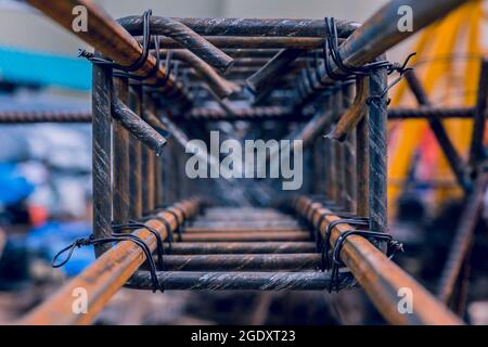 Steel reinforcement bars. Construction rebar steel work reinforcement. Closeup of Steel rebars. Stock Photo