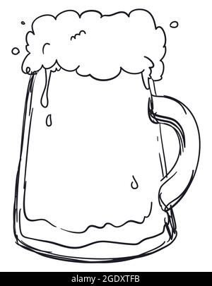 Frothy beer served in a tankard with handle, in hand drawn style. Stock Vector