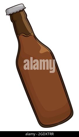 Isolated glass bottle without uncapping with liquid inside, in cartoon style and outlines. Stock Vector