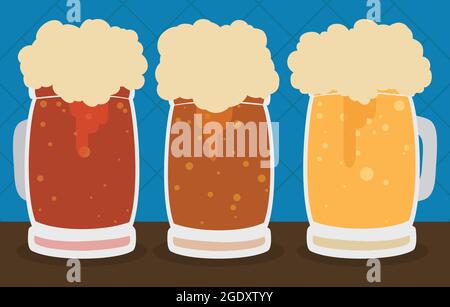 Three glass tankard served with different types of beer: ale, lager and marzen, in flat style and over squared background. Stock Vector