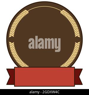 Round button decorated with wheat ears and red ribbon, template design in flat style. Stock Vector