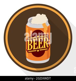 Can with frothy beer and label with wheat ears over round button, in flat style and long shadow. Stock Vector