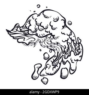 Spilled liquid with foam in hand drawn style over white background. Stock Vector