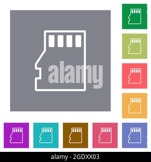 Micro SD memory card outline flat icons on simple color square backgrounds Stock Vector