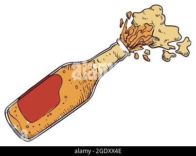 Opened glass bottle with label splashing beer and froth, in hand drawn style. Stock Vector