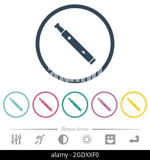 Electronic cigarette solid flat color icons in round outlines. 6 bonus icons included. Stock Vector