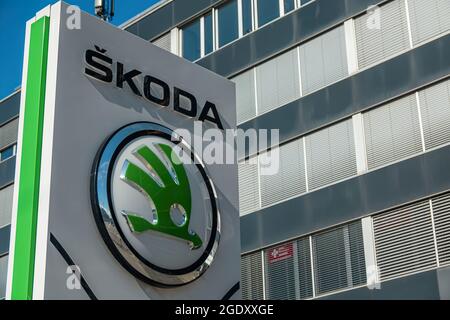 ALTSTETTEN-ZH, SWITZERLAND - FEBRUARY 20, 2020: Skoda store in Zürich-Altstetten and the logo of the car brand Stock Photo