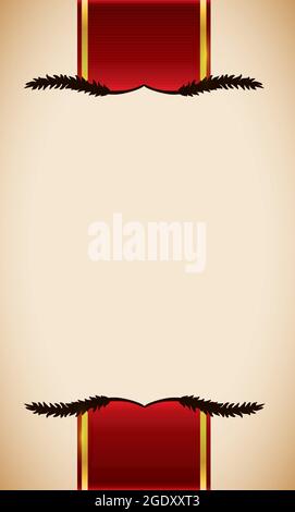 Vertical template design decorated with red ribbons with golden lines and dark wheat ears silhouettes. Stock Vector