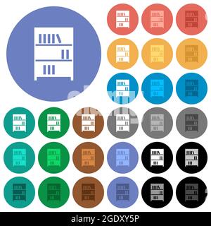 Bookshelf with books solid multi colored flat icons on round backgrounds. Included white, light and dark icon variations for hover and active status e Stock Vector