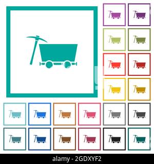 Mine cart and pickaxe flat color icons with quadrant frames on white background Stock Vector