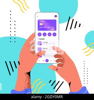 hands using mobile banking app with credit card on smartphone screen e-payments financial application Stock Vector