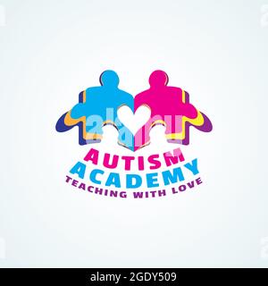 Playful logo for Autism Academy. Colourful Kids Puzzle Book with Heart shape. Tagline : Teaching with love Stock Vector