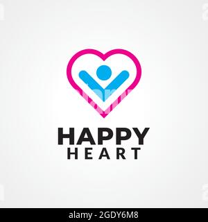Happy people inside a heart shape vector illustration for health care, self healing, psychotherapy etc. Minimal logo design. Stock Vector