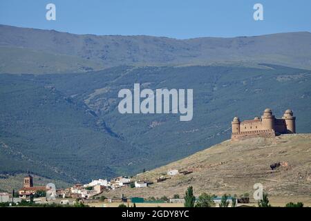 Panoramic view of the Granada town of La Calahorra (Spain) and its famous medieval castle on a hill Stock Photo