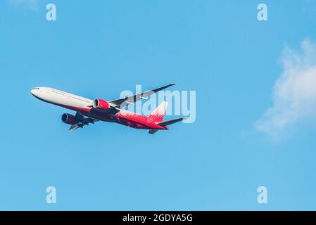 Moscow region, Russia - September 15, 2020: Flight of the passenger plane at sunset time. Stock Photo