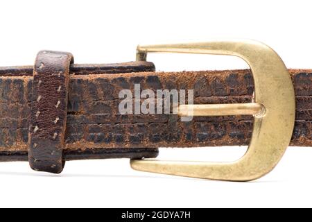 Rugged old Brown Leather Belt with brass buckle Isolated on White