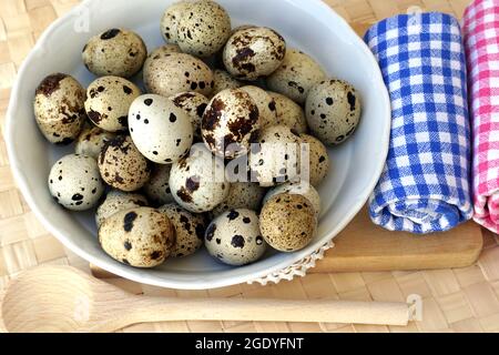 Dotted small eggs of Japanese quail in the plate prepared for cooking Stock Photo