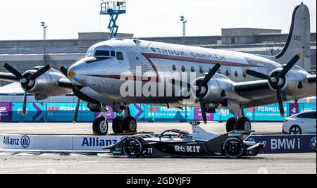 Berlin, Germany. 15th Aug, 2021. Motorsport: Formula E World Championship, ePrix 2021, race at the former Tempelhof Airport. Norman Nato of the ROKiT Venturi Racing team drives to victory past an aircraft. Credit: Andreas Gora/dpa/Alamy Live News Stock Photo