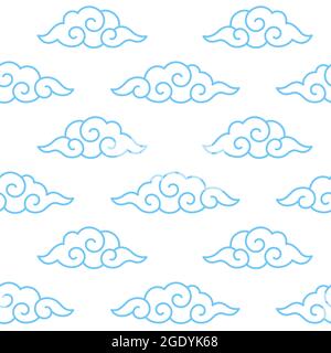 Traditional Japanese spiral cloud pattern, blue line art on white background. Vector illustration. Stock Vector