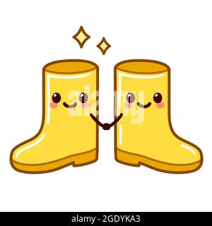 Pair of two cartoon yellow rain boots with cute faces holding hands. Kawaii rubber boot couple, vector clip art illustration. Stock Vector