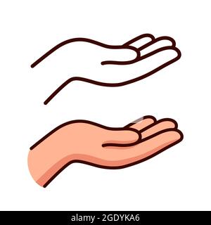 Empty hand holding gesture. Black and white line icon and color drawing. Cartoon vector illustration of cupped palm. Stock Vector