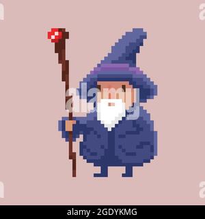 Pixel art retro design fantasy game character - bearded wizard with a hat and a magic staff Stock Vector
