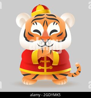 Tiger celebrate Chinese New Year with traditional costume Gong Xi Gong Xi - Year of Tiger vector illustration isolated Translation: 'Good fortune' Stock Vector