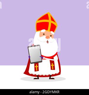 Cute Saint Nicholas with tablet - vector illustration Stock Vector