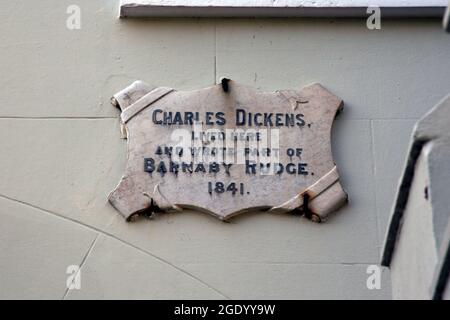 Plaque on a building in Broadstairs indicating where Charles Dickens wrote Barnaby Rudge, Kent, UK Stock Photo