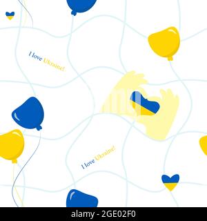 Seamless pattern with Ukrainian symbols. Hand gesture making heart symbol and balloons, text I love Ukraine on white background with mesh. Yellow-blue Stock Vector