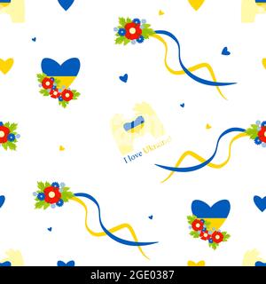 Seamless pattern with Ukrainian symbols. Hand gesture making heart symbol and text I love Ukraine, floral wreath on white background. Yellow-blue colo Stock Vector