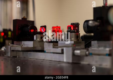 Laser filtering experiment in a laser lab Stock Photo