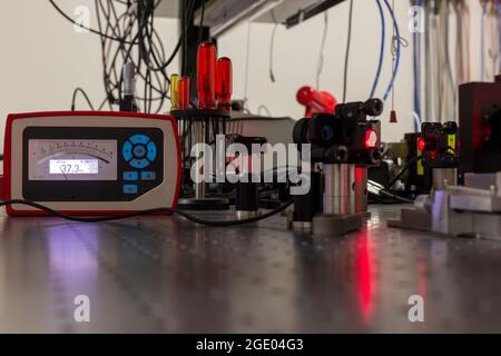 Laser filtering experiment in a laser lab Stock Photo