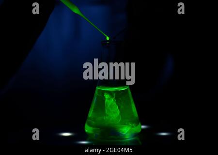 A scientist working with a green fluorescent compound in a glass conical flask in dark biochemistry laboratory for pharmaceutical development Stock Photo