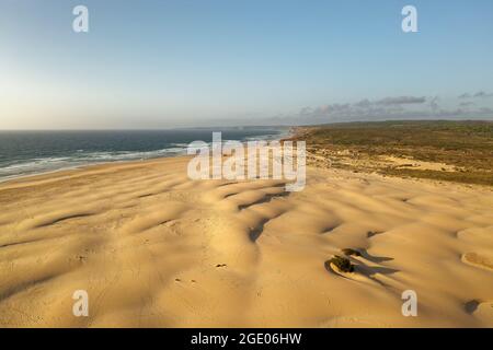 Praia da Bordeira in Algarve Portugal, beach and dunes on the coastline on the west of the Iberian peninsula, aerial landscape photo, Atlantic Ocean n Stock Photo