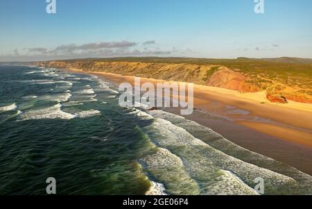 Praia da Bordeira in Algarve Portugal, beach and dunes on the coastline on the west of the Iberian peninsula, aerial landscape photo, Atlantic Ocean n Stock Photo