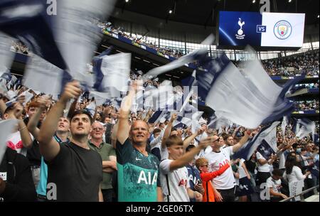 London, England, 15th August 2021. Tottenham fans during the Premier League match at the Tottenham Hotspur Stadium, London. Picture credit should read: Paul Terry / Sportimage Stock Photo