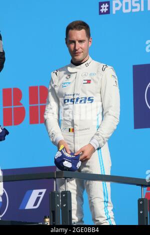 08/15/2021, Berlin, Germany, Stoffel Vandoorne on the podium. Norman Nato from the ROKiT Venturi Racing team wins the final race of Formula E 2021 in Berlin. Oliver Rowland from Team Nissan-e.dams wins second place and Stoffel Vandoorne from Team Mercedes-Benz EQ wins third place. The BMW i Berlin E-Prix presented by CBMM Niobium is the finale of the 2020/21 season in Berlin with a double race. Stock Photo
