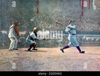 Babe Ruth in the New York Yankees dugout at League Park in Clevelenad,  Ohio, photo by Don Rothenberg, 1934 Stock Photo - Alamy