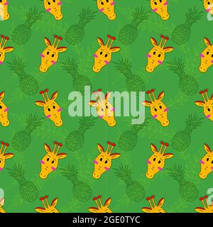 Vector seamless pattern with giraffes, pineapples and palm leaves. Tropical pattern with leaves, fruits and cartoon animals Stock Vector