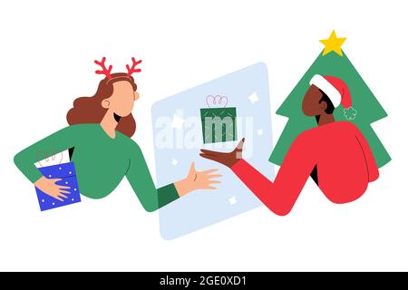 Couple celebrating Christmas eve distantly using video call during covid pandemic, young man and woman wearing christmas clothes on video conference Stock Vector