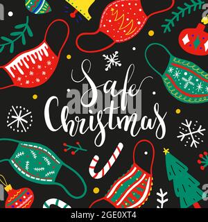 Safe Christmas card with lettering, protective face masks with christmas ornaments, party invitation , postcard vector template with copy space Stock Vector
