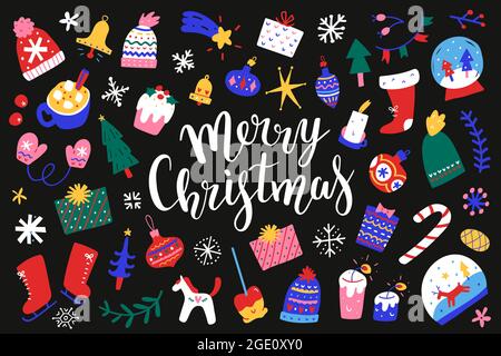 Christmas doodle illustrations set, collection of festive objects, christmas balls, gift boxes, merry christmas lettering, vector clip arts isolated Stock Vector