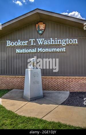 Bronze bust of Booker Taliaferro Washington outside the Visitor Center of the Booker T. Washington National Monument in Hardy, Virginia. Stock Photo