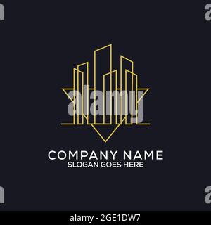 Line art construction logo design, outline building construction with golden monogram, can be used as symbols, brand identity, company logo, icons, or Stock Vector