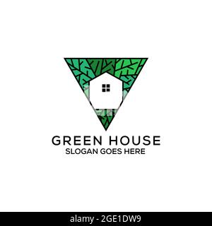 Triangle green house logo design, nature real estate logo with line art, can be used as symbols, brand identity, company logo, icons, or others. Stock Vector