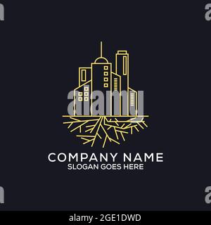 Golden apartment logo design,outline root building logo with gold color, can be used as symbols, brand identity, company logo, icons, or others. Stock Vector