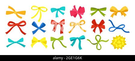 Bow ribbon colorful cartoon flat set for Birthday Party. Festive decoration, packaging, invitation elements for sale shopping Valentine Day or Wedding design. Holiday anniversary surprise gift symbol Stock Vector